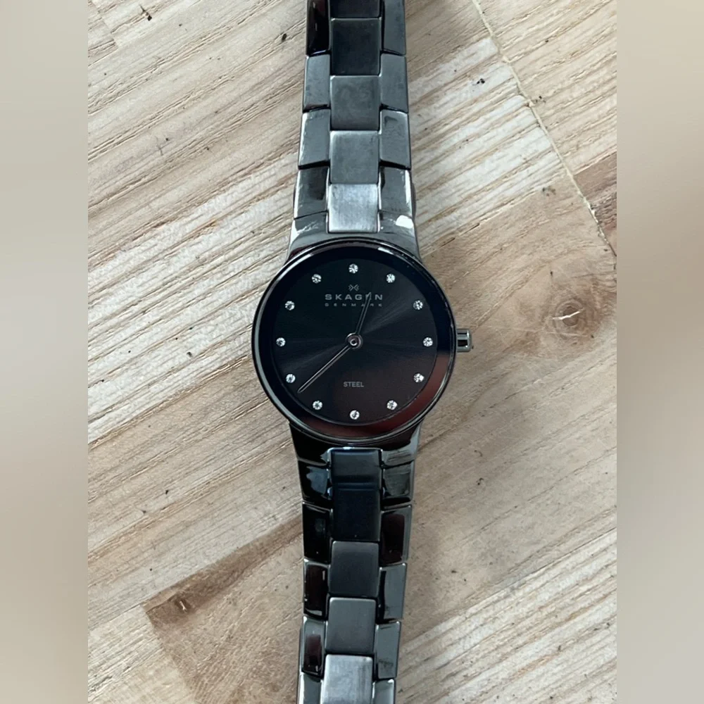 Skagen Steel Ladies Watch Black Dial Crystal Markers Black Stainless Bracelet